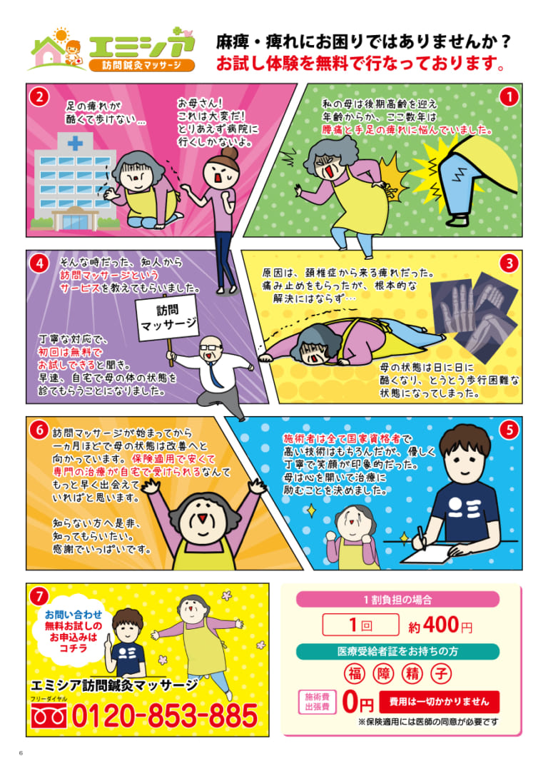訪問鍼灸マッサージの漫画風案内イラスト、腰痛治療や交通事故治療などを紹介。