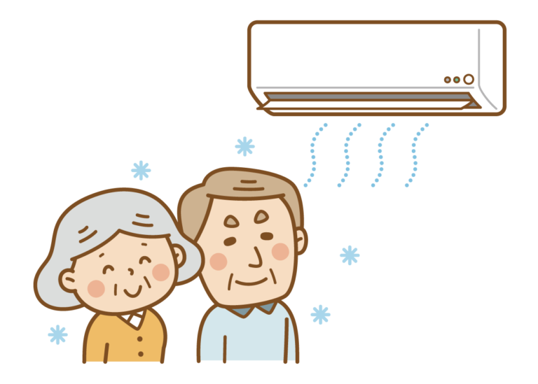 エアコンの風を浴びる高齢の夫婦のイラスト、暑さ対策の場面
