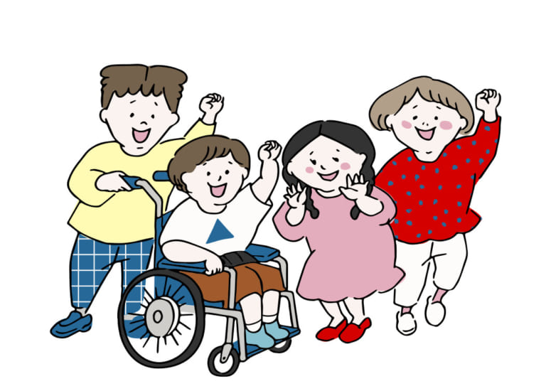障害のある子どもと家族が一緒に喜びを分かち合う場面を描いたイラスト